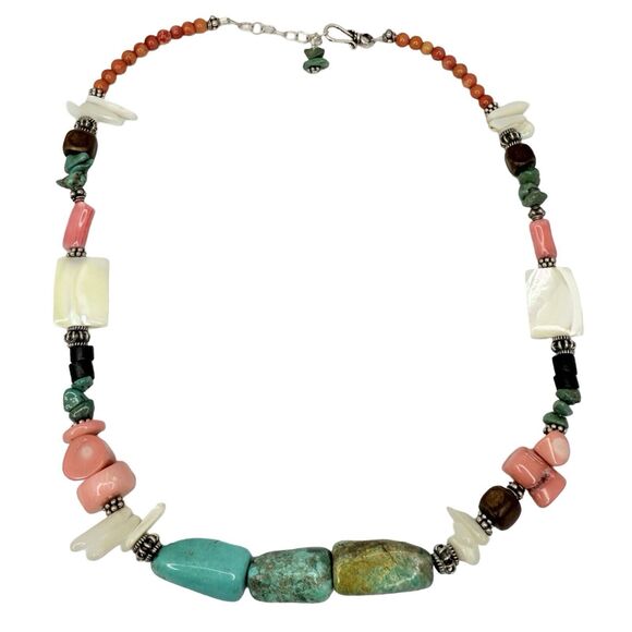 925 Sterling Silver Turquoise Necklace 18.5"   Beaded Coral Accents - Picture 6 of 14